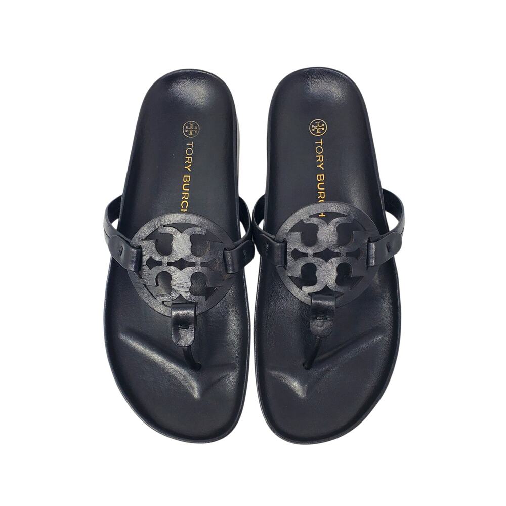 Tory Burch Miller Cloud Thong Sandals Calf Leather Perfect Black Logo Size 9.5 M - Picture 2 of 10